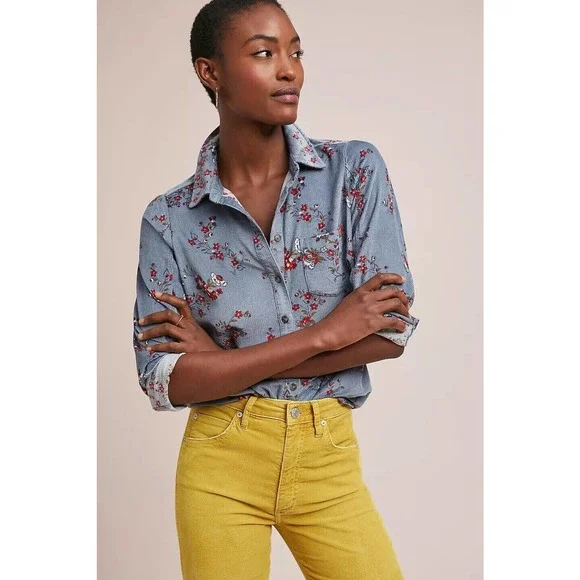 Anthropologie Building 18 Corduroy Floral Button Down Shirt Women's Size 6 Top - Picture 10 of 10